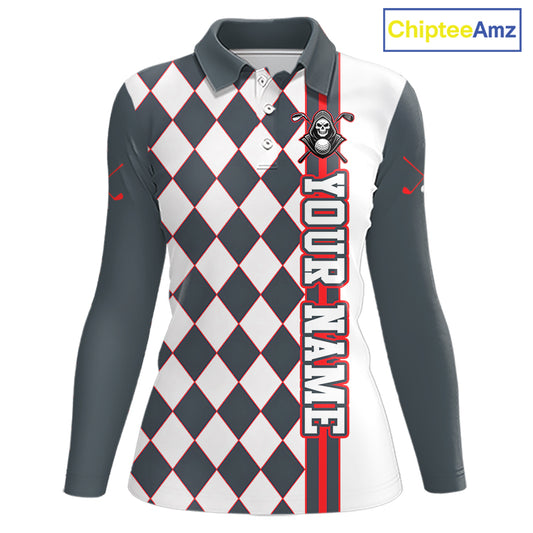 Long-sleeve polo shirt with checkered pattern and branding on a white background