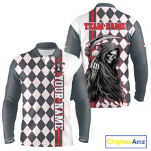 Load image into Gallery viewer, Long-sleeve shirt with checkered pattern and grim reaper design, featuring 'Your Name' and 'Team Name' text on a white background.