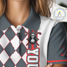 Load image into Gallery viewer, Gray and white checkered polo shirt with a skull and golf club design on a mannequin.