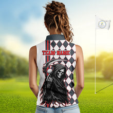 Load image into Gallery viewer, Woman wearing a sleeveless shirt with a grim reaper design and 'Team Name' text on a golf course.