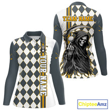 Load image into Gallery viewer, Long-sleeve shirt with checkered pattern and grim reaper design, featuring 'Your Name' and 'Team Name' text on a white background.