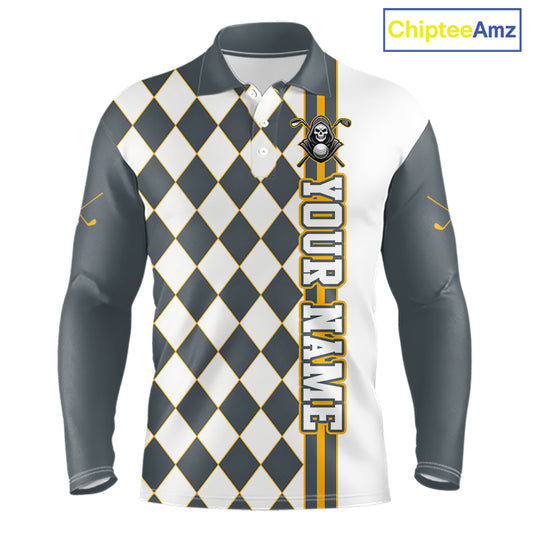 Long-sleeve shirt with argyle pattern and branding on a white background