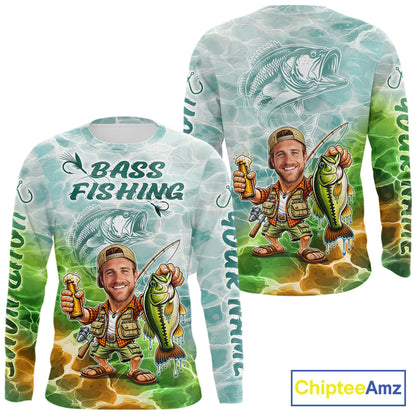 Custom Photo Funny Bass Fishing Shirts Long Sleeve For Men, Fishing Team Jersey NHT642