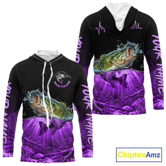 Largemouth Bass Fishing Shirt Long Sleeve Hooded For Tournament – Angler Gift For Men Dad| Purple NHT852
