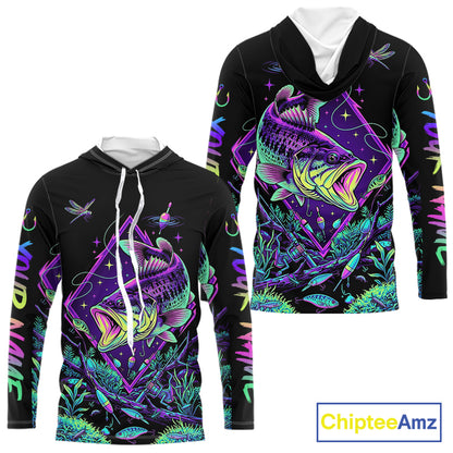 Neon Bass Fishing Shirts Long Sleeve Hooded  – Largemouth Bass Galaxy Glow Graphic Gift For Men Dad  NHT853