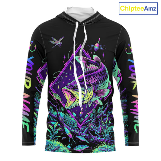 Neon Bass Fishing Shirts Long Sleeve Hooded  – Largemouth Bass Galaxy Glow Graphic Gift For Men Dad  NHT853