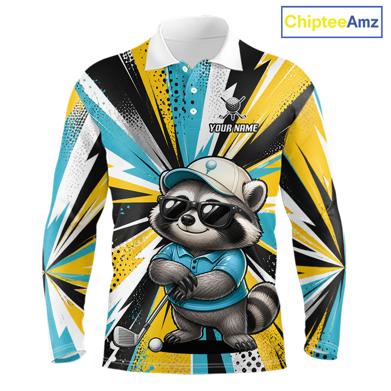 Personalized Racoon Golf Polo Shirt For Men, Funny Golf Lover Performance Polo Custom Name NHT1314
