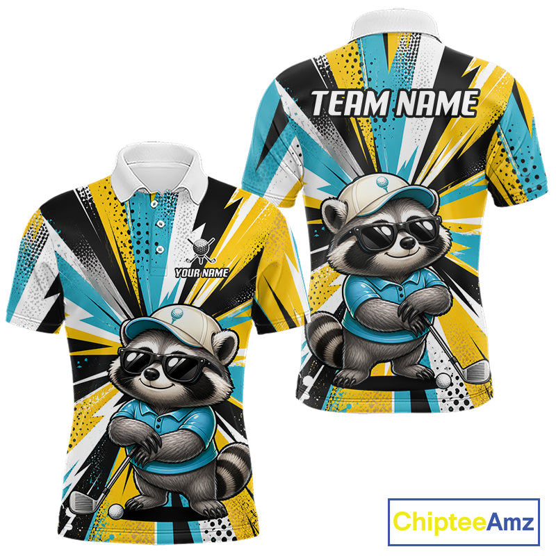 A short-sleeve polo shirt shown from both front and back on a white background. The shirt features a colorful cartoon raccoon wearing a teal polo and cap, with bold yellow, black, white, and teal graphic rays behind it.