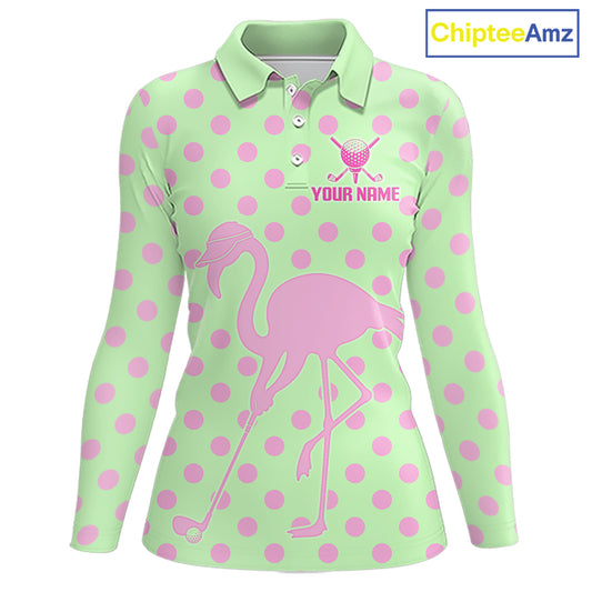 Women's Flamingo Golf Polo Shirt – Personalized Pink Flamingo Golf Jersey With Custom Name|Green NHT1016
