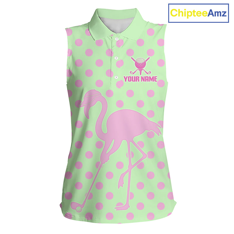 Women's Sleeveless Flamingo Golf Polo Shirt – Personalized Pink Flamingo Golf Jersey With Custom Name
