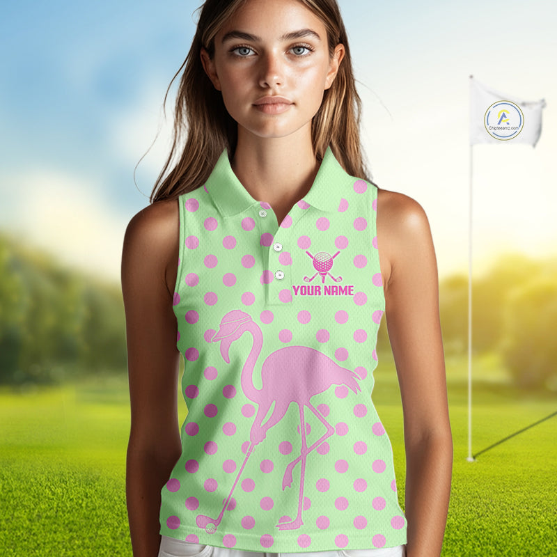 Women's Sleeveless Flamingo Golf Polo Shirt – Personalized Pink Flamingo Golf Jersey With Custom Name