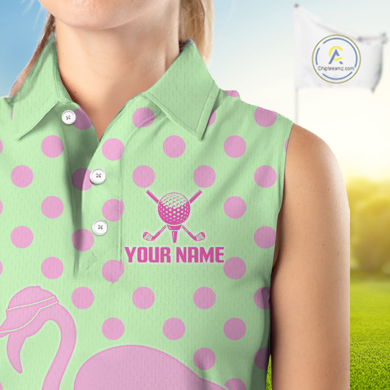 Women's Sleeveless Flamingo Golf Polo Shirt – Personalized Pink Flamingo Golf Jersey With Custom Name|Green NHT1016