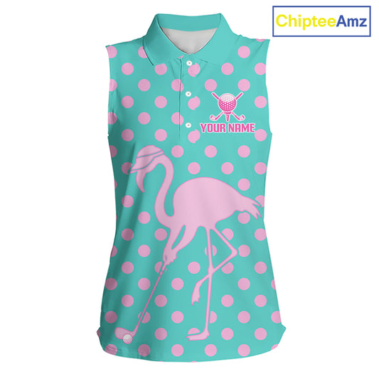 Women's Sleeveless Flamingo Golf Polo Shirt – Personalized Pink Flamingo Golf Jersey With Custom Name