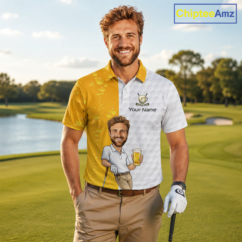 A man standing on a golf course wearing a custom split-color polo shirt with a yellow left side, a white right side, and a cartoon graphic of a smiling man holding a beer mug printed across the center. The shirt has a collar and a button placket.