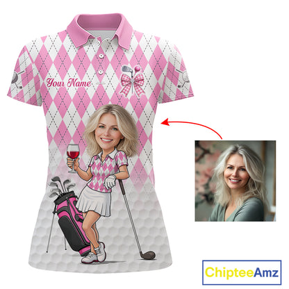 Personalized Argyle Style Funny Womens Golf Polo Shirt Gift For Mother's Day – Custom Face Portrait Cartoon Design NHT662