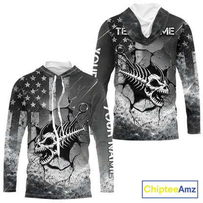 American Flag Fishing Fish Hook Skull Personalized Fishing Shirts, Hooded Patriotic Fishing Shirt Gift For Men NHT665