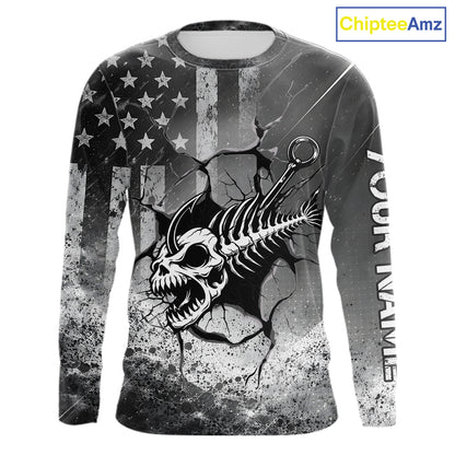 American Flag Fishing Fish Hook Skull Personalized Fishing Shirts, Patriotic Fishing Shirt Gift For Men NHT665