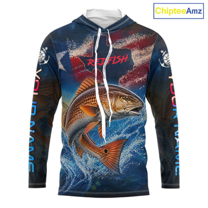 Texas Flag Redfish Long Sleeve Hooded Fishing Jersey, Red Drum Saltwater Performance UV Shirt For Men 
