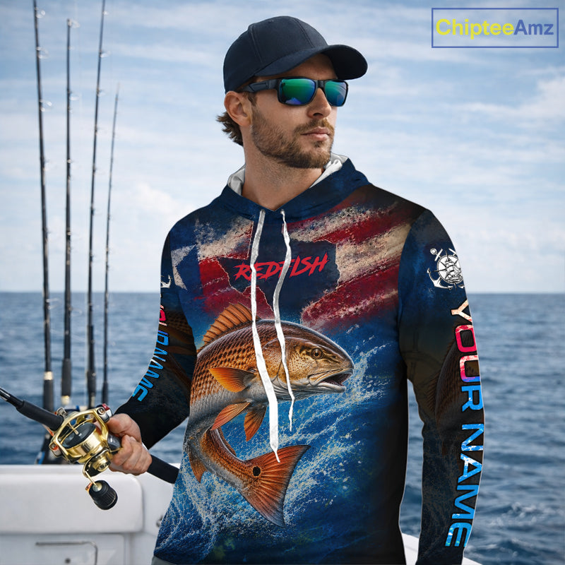Texas Flag Redfish Long Sleeve Hooded Fishing Jersey, Red Drum Saltwater Performance UV Shirt For Men 
