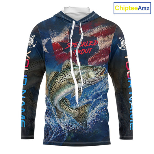 Texas Flag Speckled Trout Long Sleeve Hooded Fishing Jersey, Trout Saltwater Performance UV Shirt For Men 