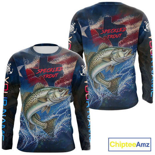 Texas Flag Speckled Trout Long Sleeve Fishing Jersey, Trout Saltwater Performance UV Shirt For Men 
