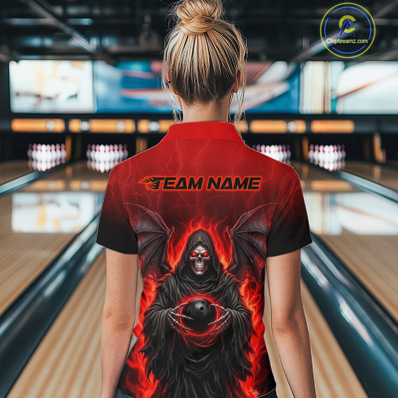 Personalized Grim Reaper Women Bowling Polo Shirt, Custom Team Name 1/4 Zip Bowling Jersey|Red NHT1320