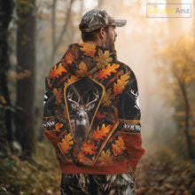 Load image into Gallery viewer, Personalized Whitetail Deer Hunting 3D All Over Printed Hoodie Orange Autumn Leaves Camo NHT43