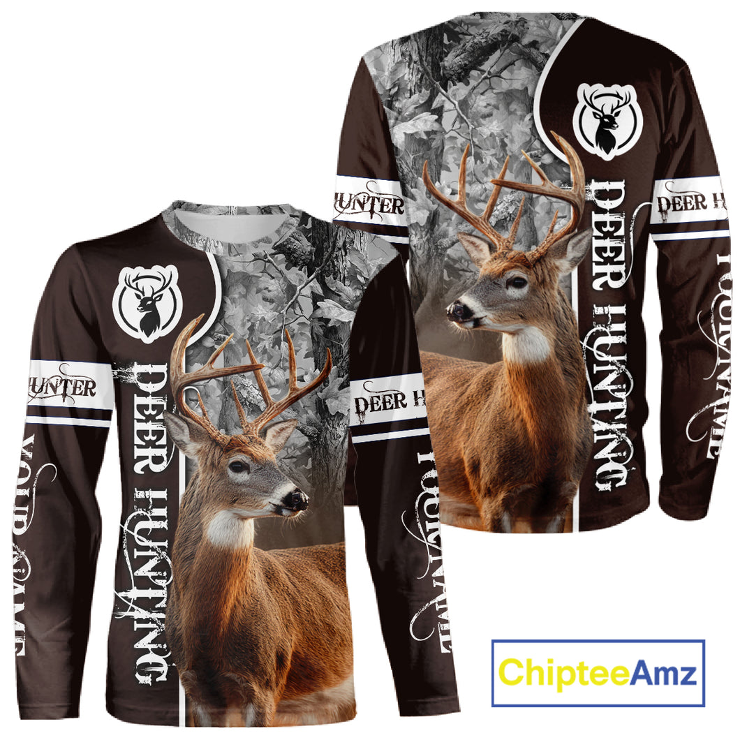 Deer Hunting Shirt Personalized 3D All Over Print Brown With Gray Camo Hunting Clothes NHT60