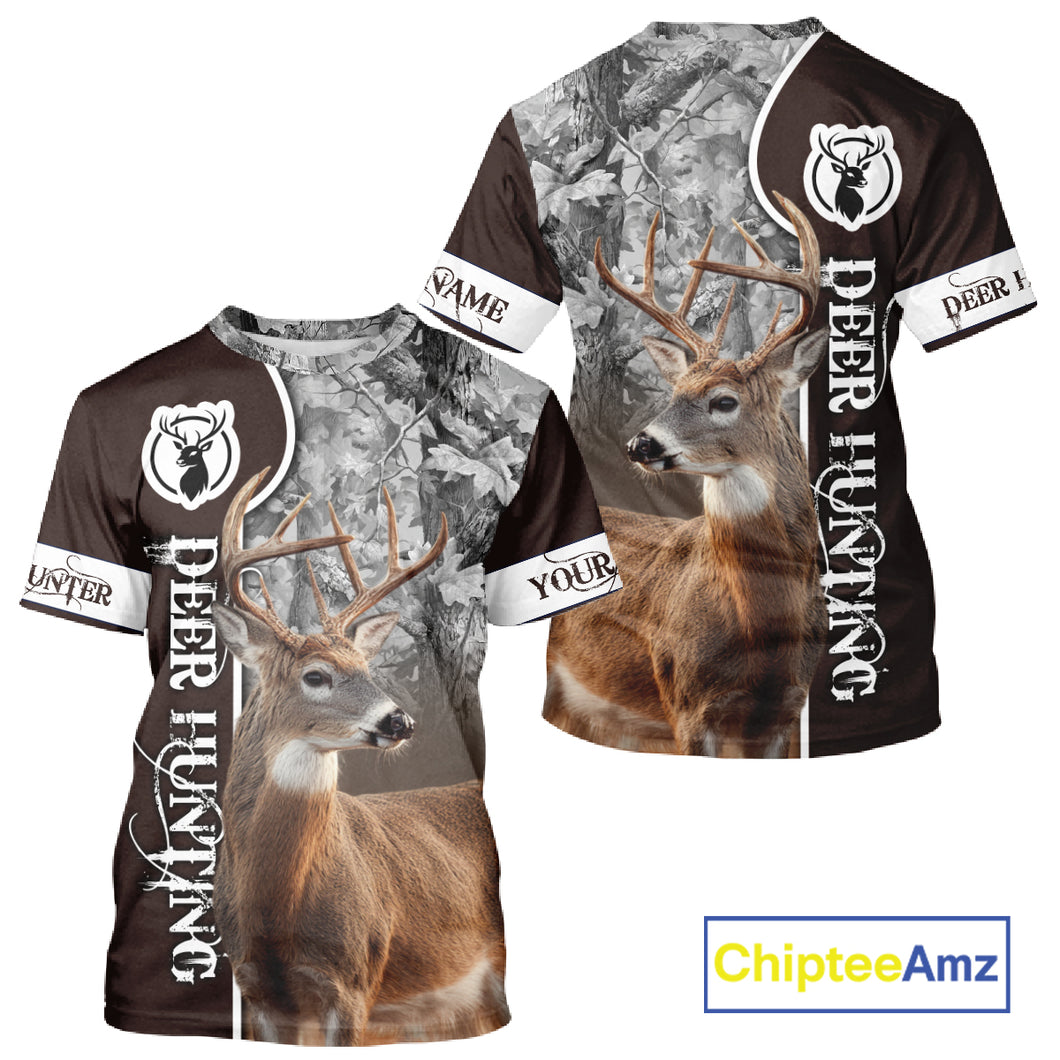 Deer Hunting Shirt Personalized 3D All Over Print Brown With Gray Camo Hunting Clothes NHT60