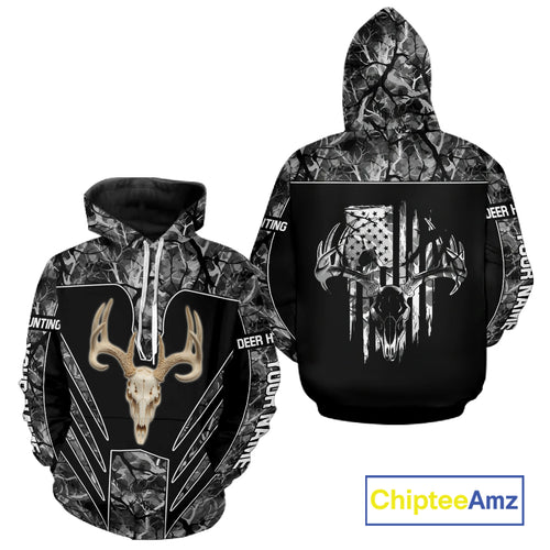 Beautiful Gray Black Camo Deer Hunting Shirt With Skull Print And US Flag Hunting Gifts NHT68