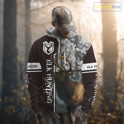 Elk Hunting Shirt Personalized 3D All Over Print Brown With Gray Camo Hunting Clothes NHT99