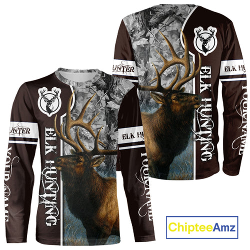 Elk Hunting Shirt Personalized 3D All Over Print Brown With Gray Camo Hunting Clothes NHT99