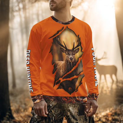 Deer Hunting Shirt Orange Forest Camo Hoodie, Long Sleeve Custom Name For Men NHT06