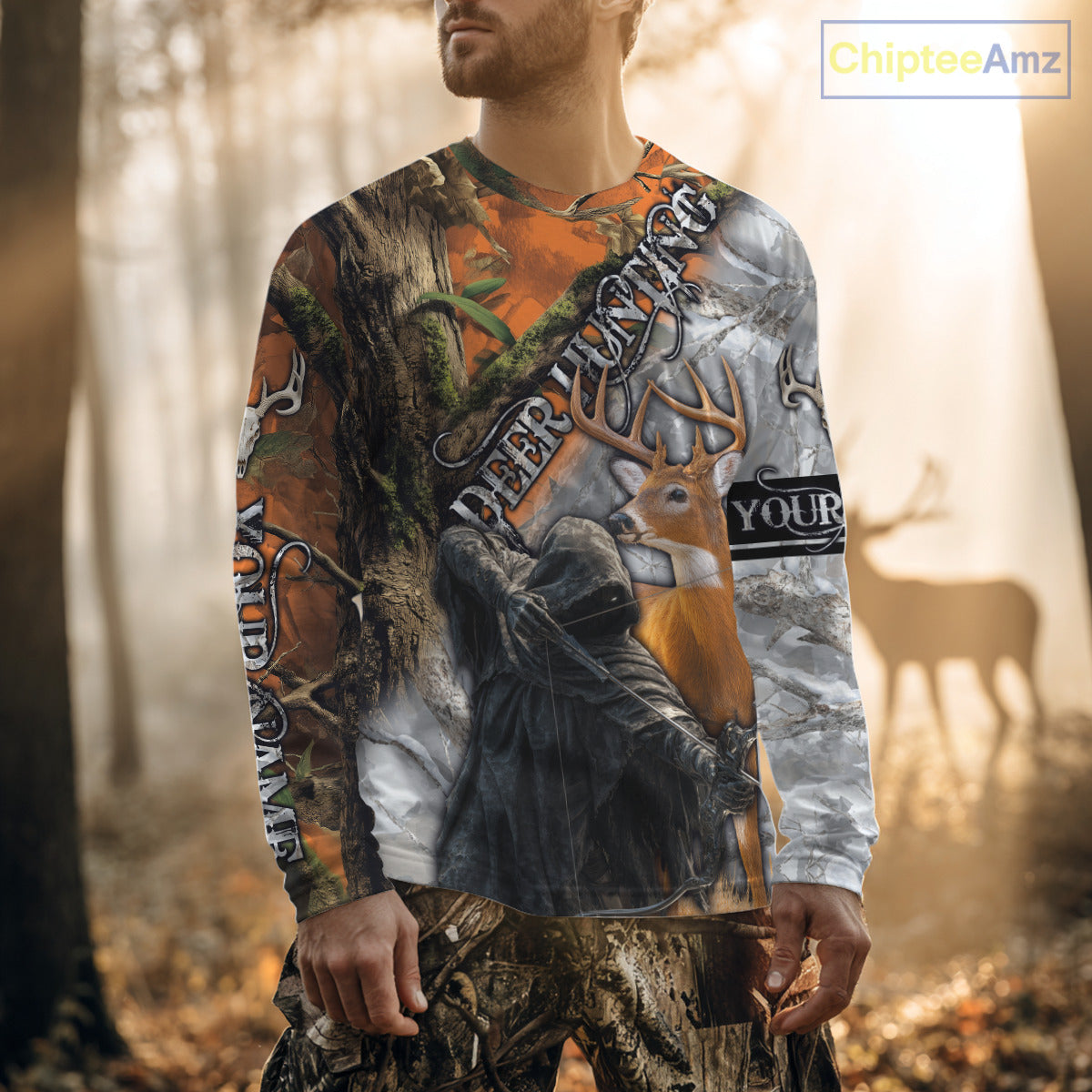 Deer Hunting 3D Shirt All-Over Print Orange White Tree Camo Deer Buck Grim Reaper For Hunters NHT23