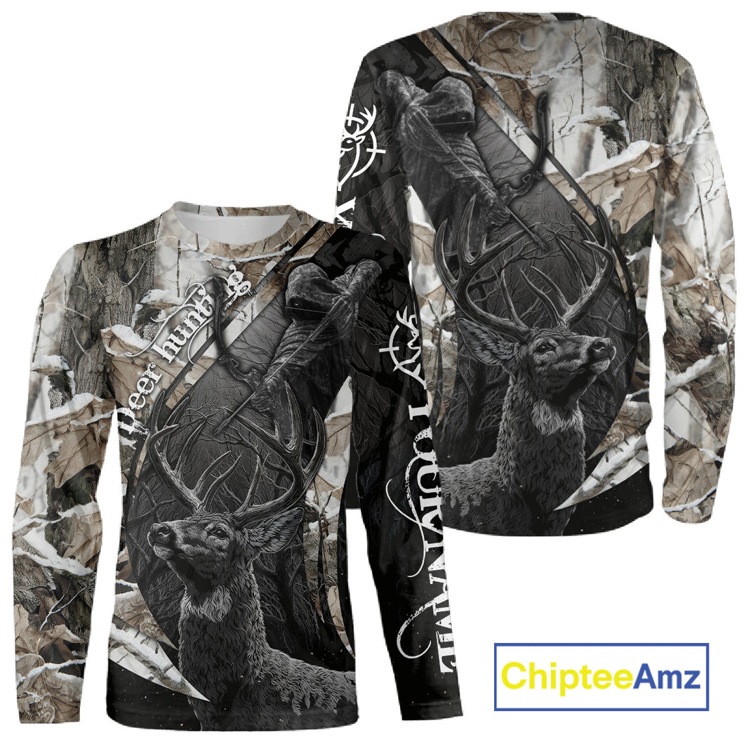 Custom 3D Deer Hunting Shirt With Black Deer Grim Reaper Winter Camo For Deer Hunting Season NHT74