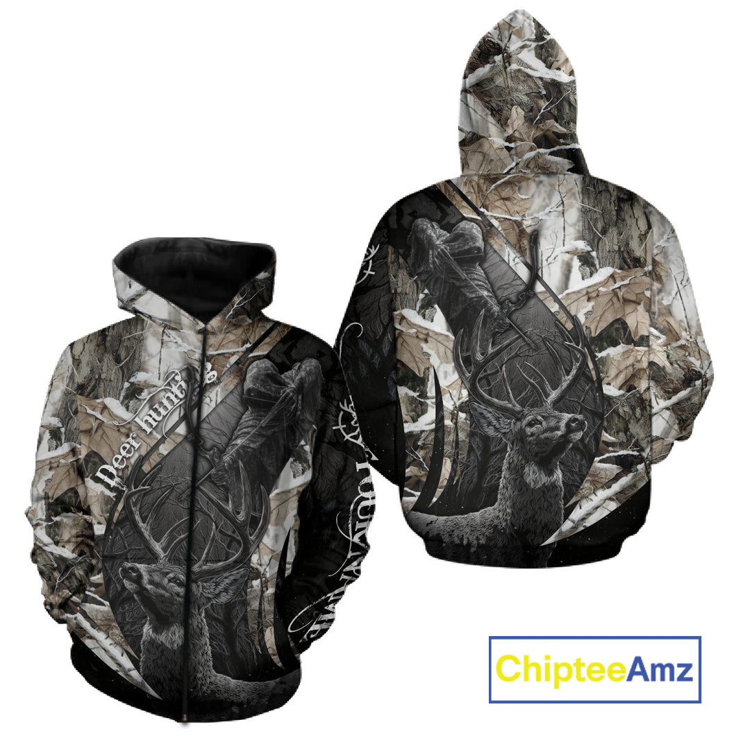 Custom 3D Deer Hunting Shirt With Black Deer Grim Reaper Winter Camo For Deer Hunting Season NHT74
