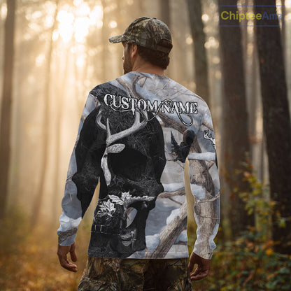 Snow Deer Hunting Shirt Deer Skull Camo Full Printing Custom Name For Deer Hunters, Best Hunting Gifts NHT21