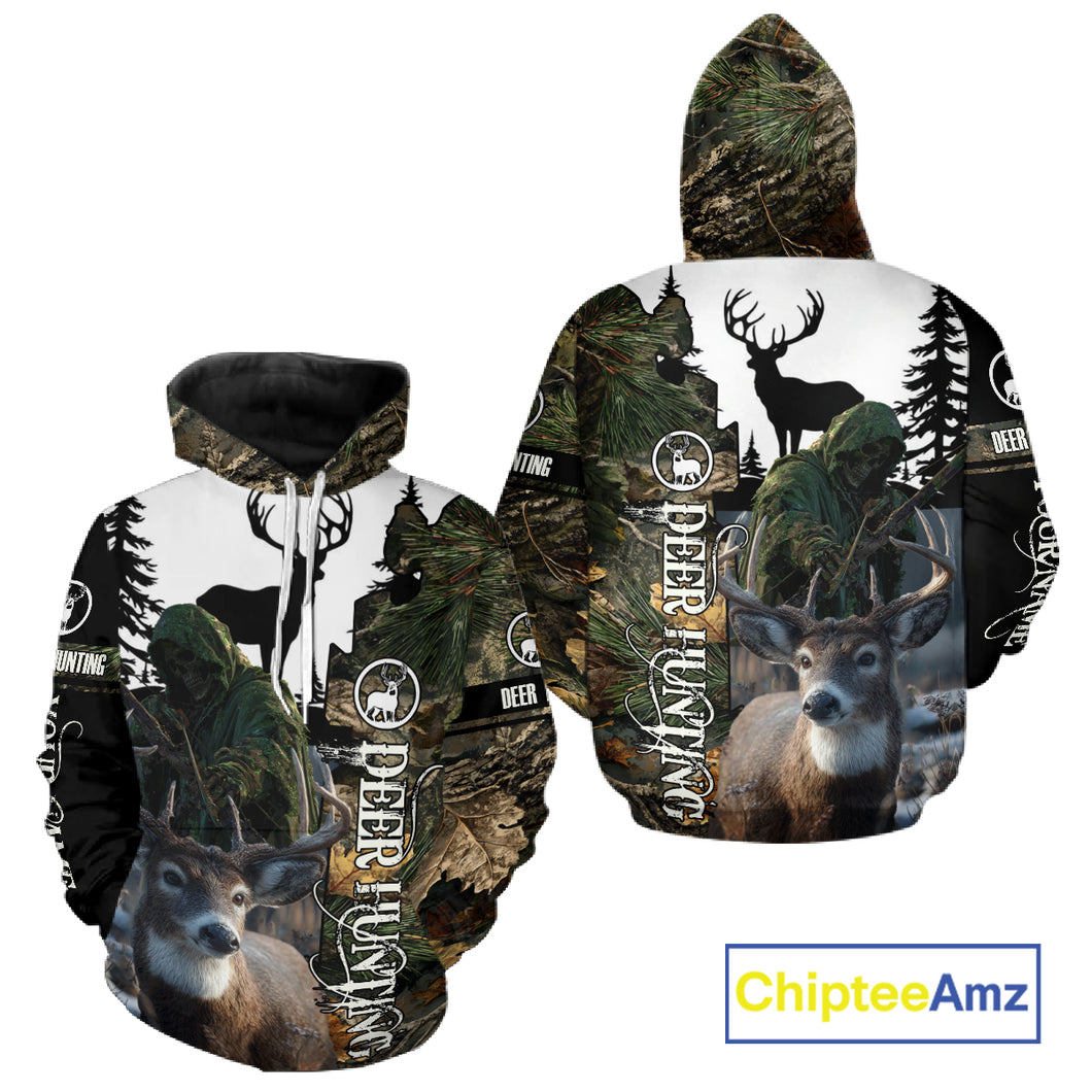 Deer Hunting 3D Shirt All-Over Print with Deer Buck, Grim Reaper Camouflage For Deer Hunters NHT24