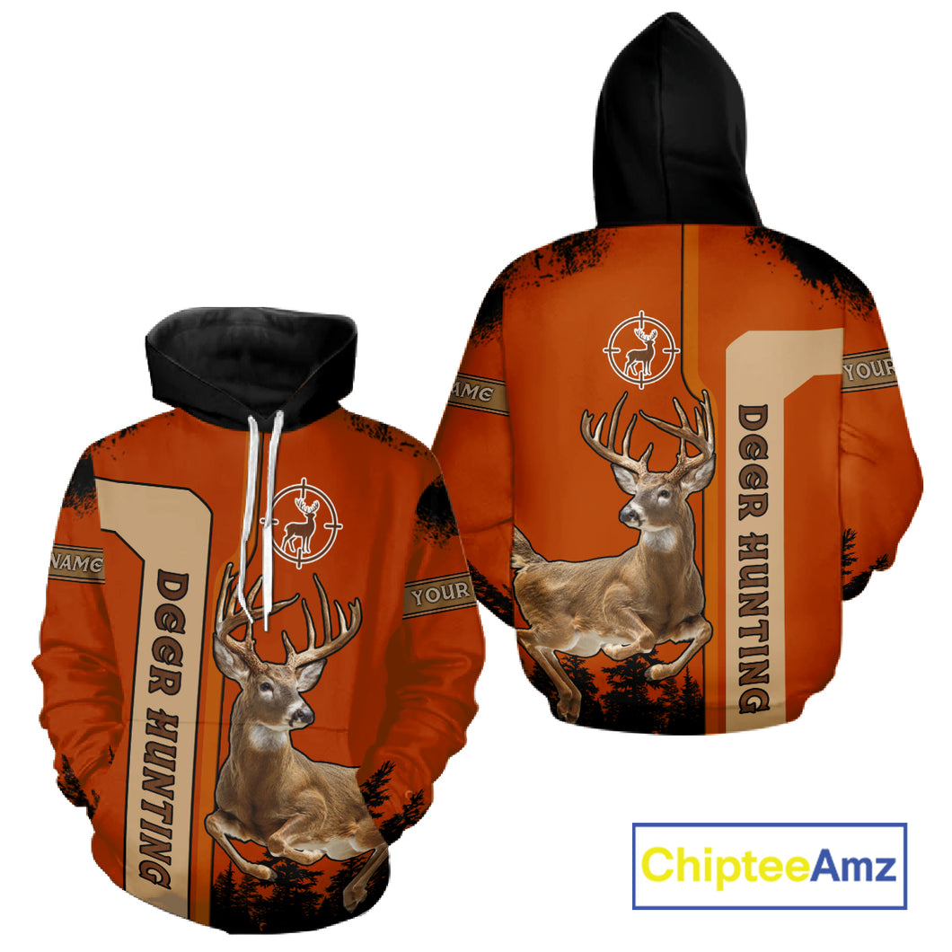 Custom Orange Whitetail Deer Hunting 3D Shirt With Name Print For Hunters, Hunting Gift NHT69
