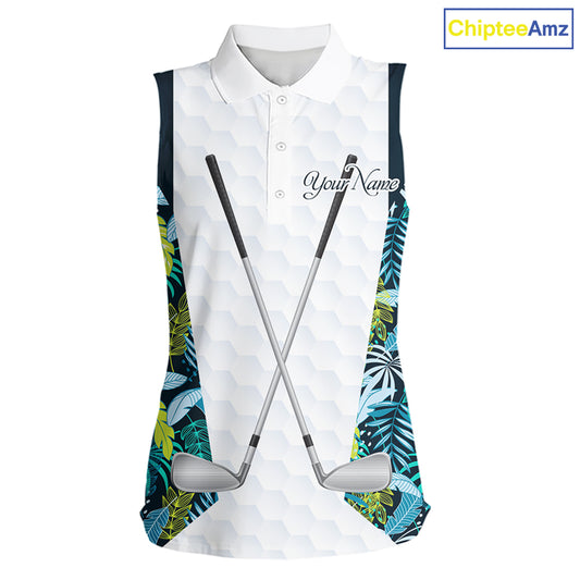 Personalized Green Tropical Plants Pattern Womens Sleeveless Golf Polo Shirts Custom Golf Tops NHT689