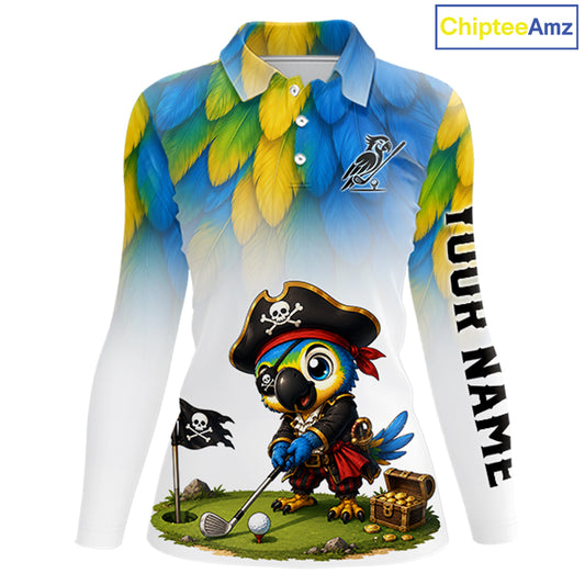 Custom pirate bird golf jersey for women, personalized pirate parrot design, side view.
