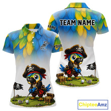 Load image into Gallery viewer, Womens golf polo shirt with pirate parrot graphic, custom name and team, sporty fit.