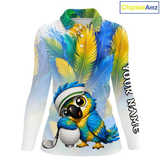 Cute bird hugging golf ball printed womens golf polo shirt, personalized golf outfit, side view.