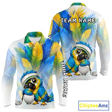 Load image into Gallery viewer, Mens golf polo shirt with parrot hugging golf ball design, custom name and team, golf lover gift.