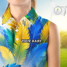 Load image into Gallery viewer, Cute bird hugging golf ball printed on womens sleeveless golf polo shirt, custom name and team, golf outfit.