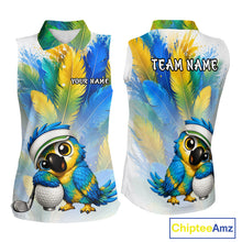 Load image into Gallery viewer, Womens sleeveless golf polo shirt with parrot hugging golf ball graphic, personalized golf lover gift, side view.
