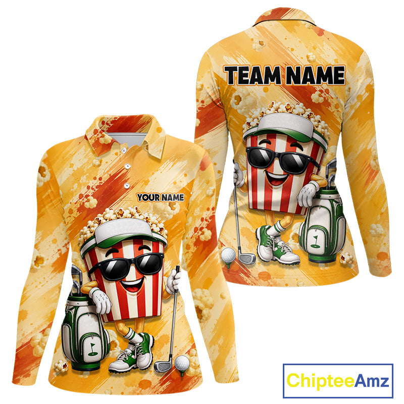 Funny Popcorn Women Golf Polo Shirt Custom Name, Personalized Popcorn Golfer Team Polo NHT1340