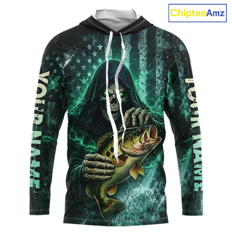 Custom Team Name Grim Reaper Bass Fishing With American Flag - Hooded Patriotic Bass Fishing Jersey NHT515