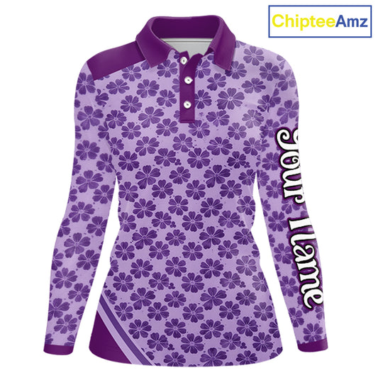 Custom Womens Purple Floral Golf Polo, Personalized Violet Flower Golf Shirt With Name NHT696