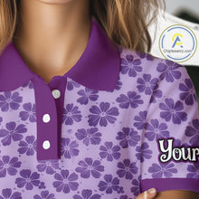Load image into Gallery viewer, Custom Womens Purple Floral Golf Polo, Personalized Violet Flower Golf Shirt With Name NHT696